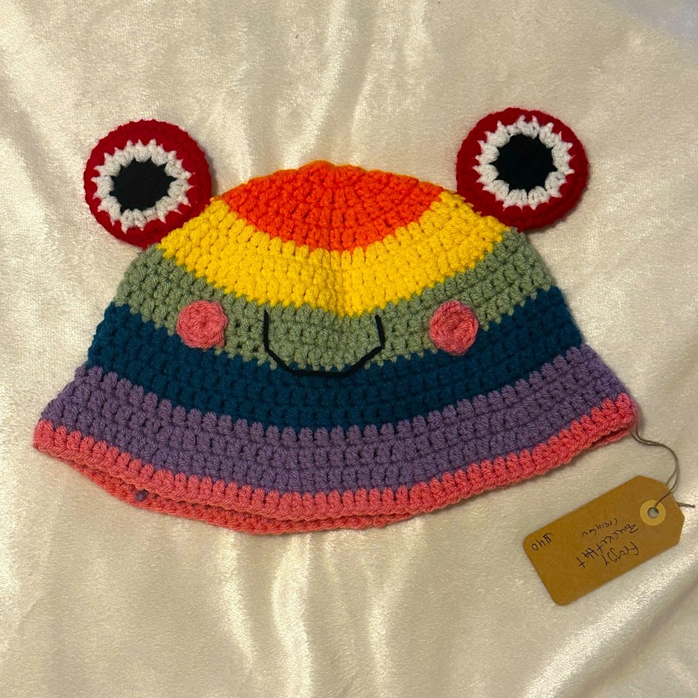 Handmade crochet rainbow froggy bucket hat